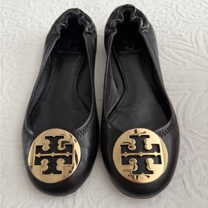 Tory Burch Reva Black Leather Flats with Gold Emblem